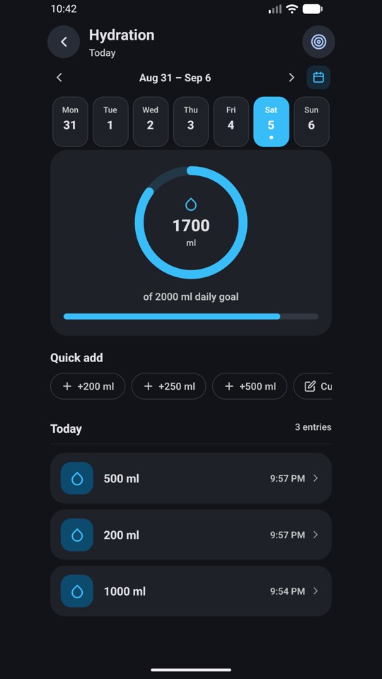 Hydration log showing progress toward a daily water goal and one-tap quick-add buttons.