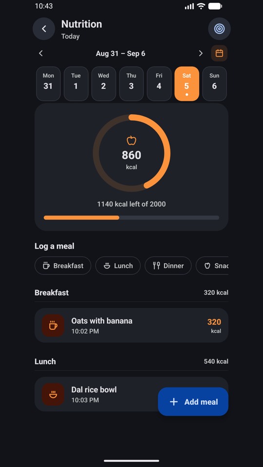 Nutrition log grouping meals into breakfast, lunch and dinner with calorie totals.